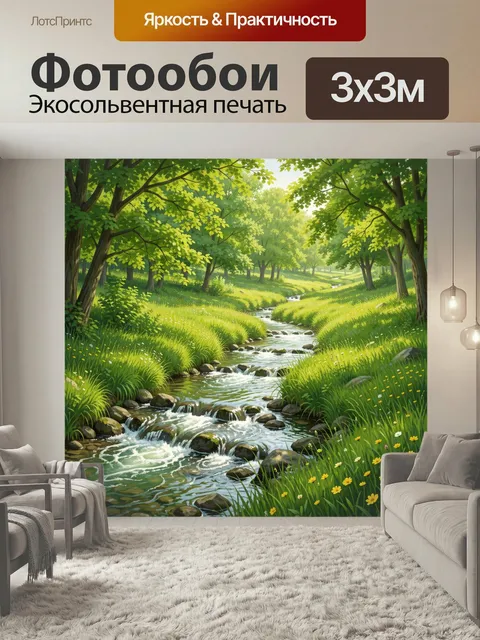 Фотообои Лесной ручей среди зелени. Солнечная летняя природа с извилистой речкой, камнями и густыми деревьями. Яркие з…