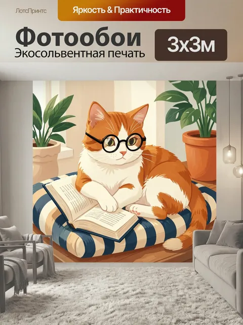 Фотообои Рыжий кот в очках с книгой