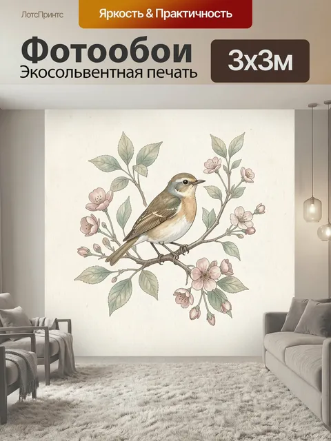 Фотообои Птица на цветущей ветке. Нежная акварельная иллюстрация с маленькой певчей пташкой среди весенних бутонов и з…