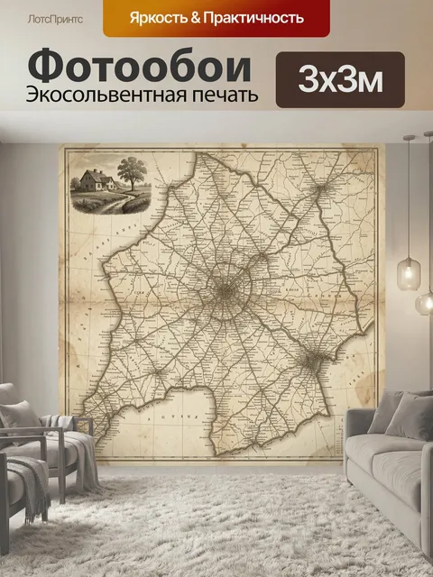 Фотообои Старинная карта с виньеткой дома. Антикварная географическая схема в сепии с подробной сетью дорог, границ и …
