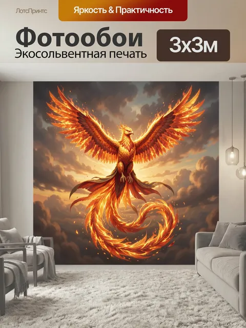 Фотообои Огненный феникс в небе. Мифическая жар-птица с распахнутыми крыльями парит среди облаков, охваченная пламенем…