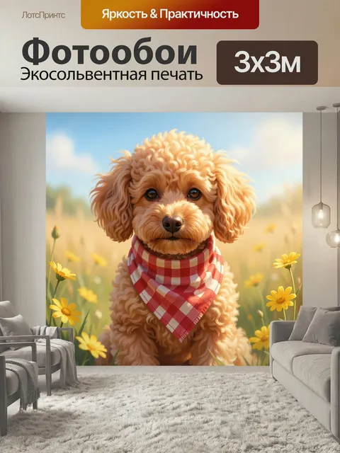 Фотообои Пудель в поле ромашек. Милый кудрявый щенок с красно-белым платком на шее сидит среди летних цветов. Нежная с…