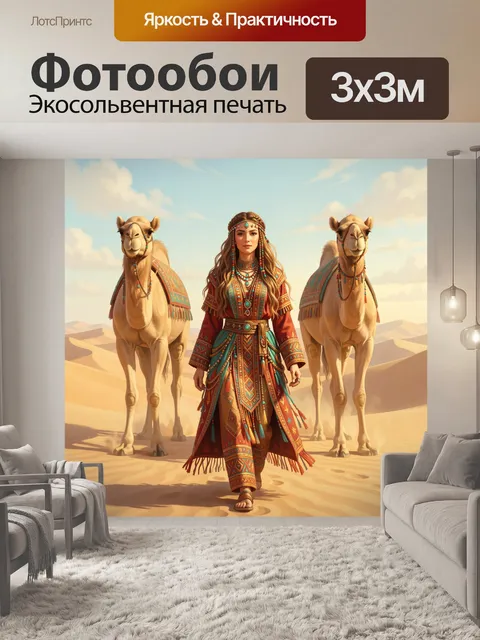 Фотообои Девушка и верблюды в пустыне. Этническая девушка в ярком восточном наряде стоит среди караванных животных на …