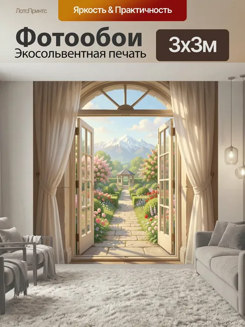 Фотообои Открытое окно в сад и горы. Светлый романтичный вид из распахнутых дверей на ухоженный цветущий парк с аллеей…