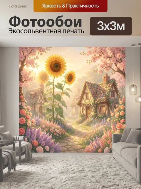 Фотообои Солнечный сад с подсолнухами. Уютная сказочная деревня среди цветущих деревьев и пышных клумб, высокий солнеч…