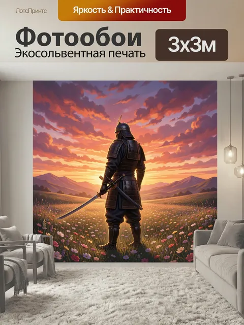 Фотообои Самурай в цветочном поле на закате