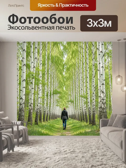 Фотообои Аллея берез в зеленом лесу