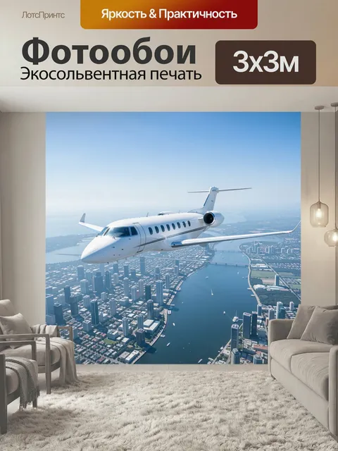 Фотообои Белый реактивный самолёт над городом
