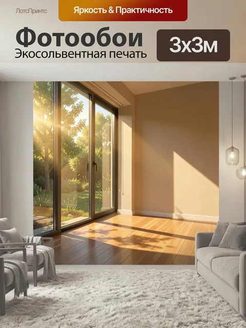 Фотообои Солнечная комната у панорамного окна. Уютный минималистичный интерьер с большими стеклянными проемами, мягким…