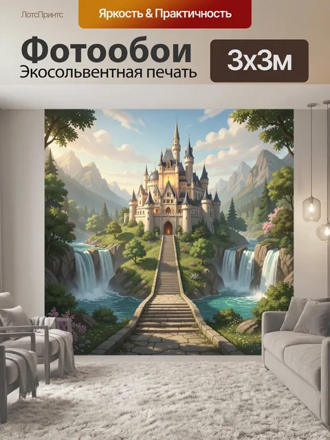 Фотообои Сказочный замок в горах. Величественный дворец в фэнтезийной живописи среди скал, водопадов и зелёной долины.…