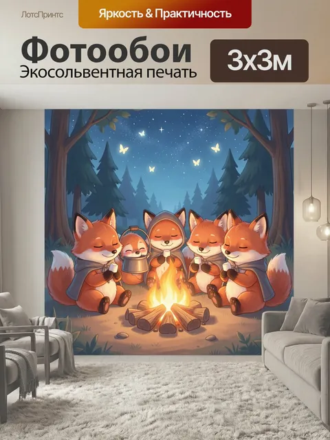 Фотообои Лисички у костра в лесу