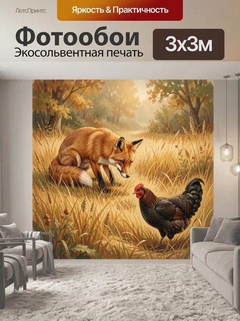 Фотообои Лиса и курица в траве. Реалистичная лесная сцена в теплых золотистых оттенках: рыжая хищница настороженно смо…