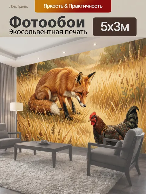 Фотообои Лиса и курица в траве