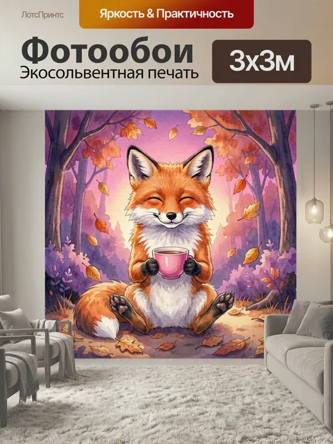 Фотообои Лиса с чашкой в осеннем лесу. Милый лисенок в уютной позе держит розовую кружку среди осенних деревьев и опав…