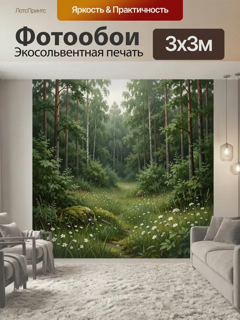 Фотообои Лесная тропинка с цветами. Живописная зеленая чаща с высокими стволами, мягким туманным светом и ковром из по…