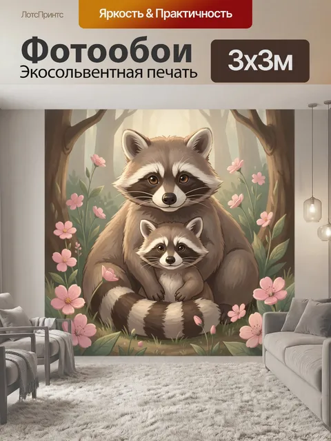 Фотообои Еноты в лесу с цветами. Милые дикие зверьки в мягкой иллюстрации среди туманных деревьев и нежных розовых соц…