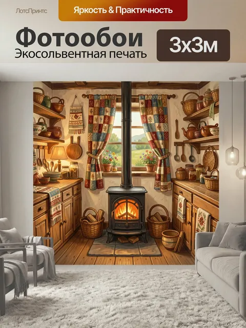 Фотообои Уютная кухня с печью и окном. Тёплый деревенский интерьер с горящей чугунной печью, деревянной мебелью, полка…