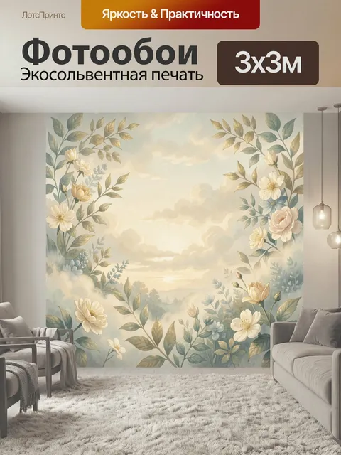 Фотообои Летний ботанический пейзаж с цветами. Нежные кремовые и бледно-розовые цветы с листвой на фоне мягких облаков…