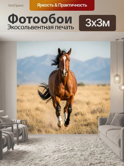 Фотообои Бегущая лошадь в степи. Стройный гнедой скакун мчится навстречу, развевая гриву и хвост. Пыльная сухая равнин…