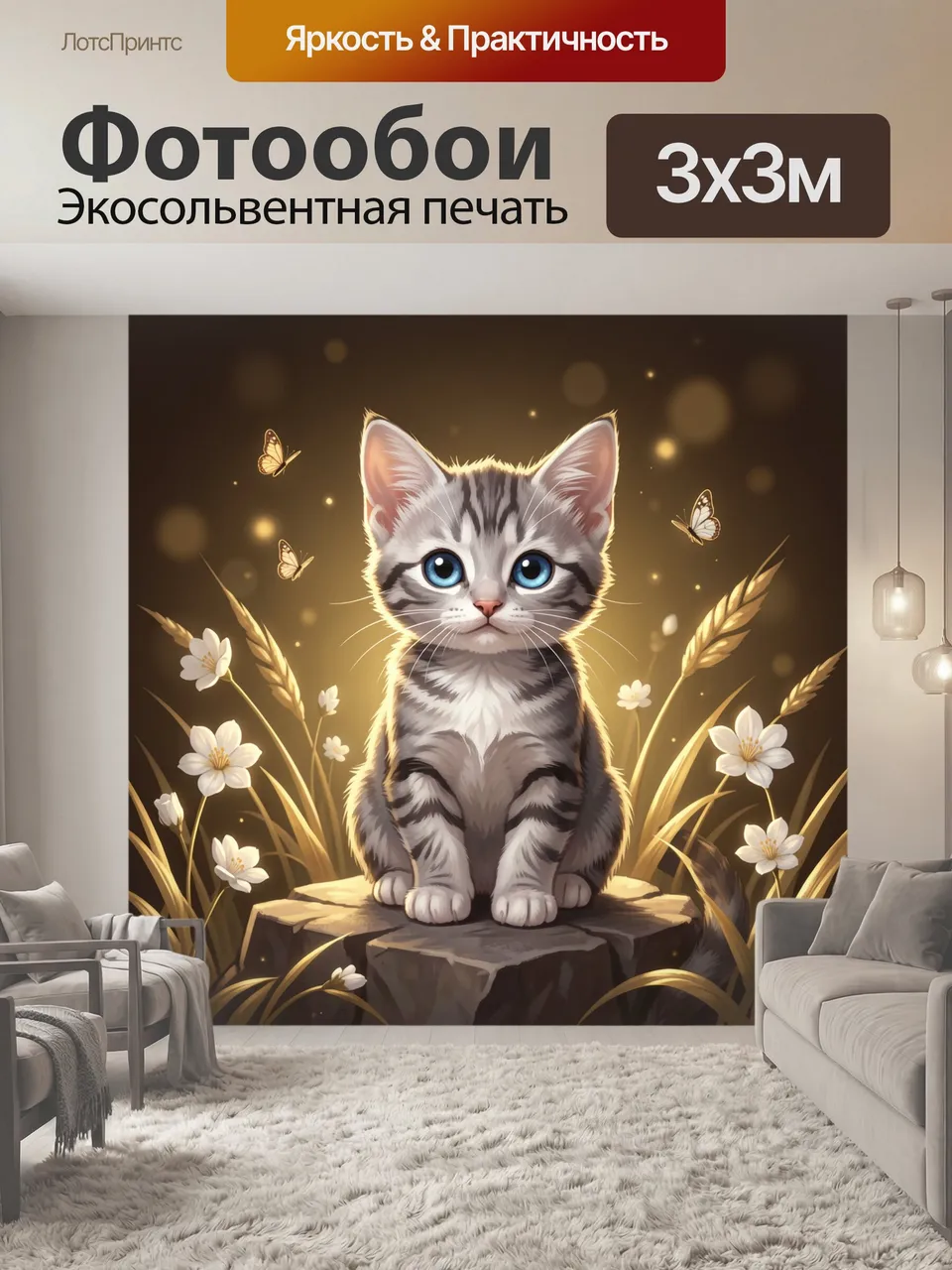 Фотообои Милый котенок с бабочками. Очаровательный маленький полосатый питомец с большими голубыми глазами сид…