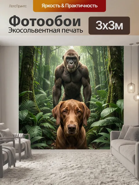 Фотообои Горилла и собака в джунглях. Тропические заросли с мощной обезьяной и коричневым псом на переднем плане, реал…