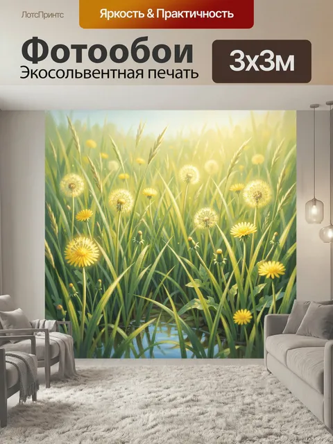 Фотообои Луговые одуванчики в утреннем свете. Солнечная поляна с пушистыми цветами, высокой травой и мягкими бликами. …