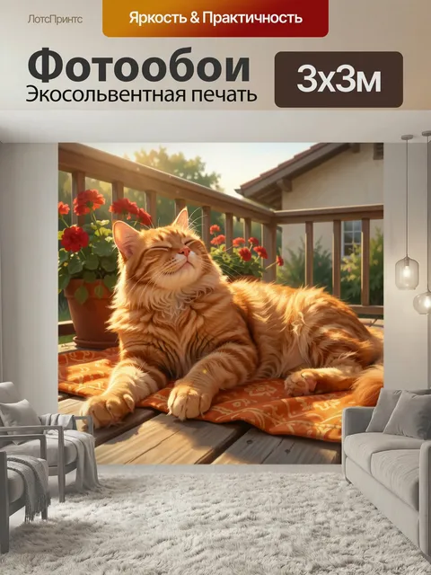 Фотообои Рыжий кот на солнечной террасе. Пушистый полосатый питомец отдыхает на деревянном настиле среди горшков с ярк…