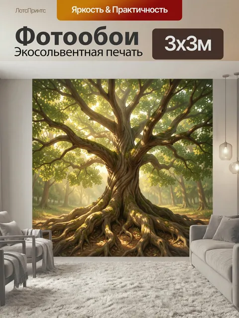Фотообои Старинный дуб в лесу. Могучее дерево с извилистым стволом, раскидистыми ветвями и оголёнными корнями в солнеч…