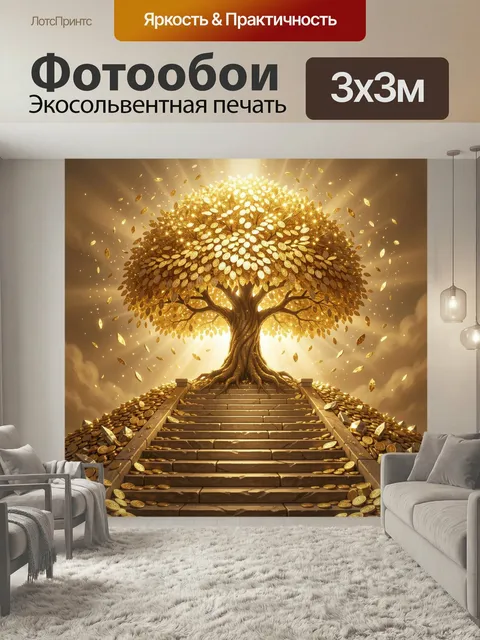 Фотообои Золотое дерево богатства. Сияющее сказочное древо с кроной из монет на вершине каменной лестницы. Фэнтези, ро…