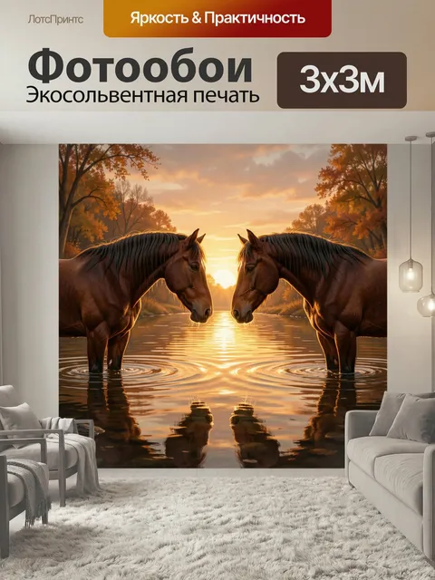 Фотообои Две лошади у реки на закате
