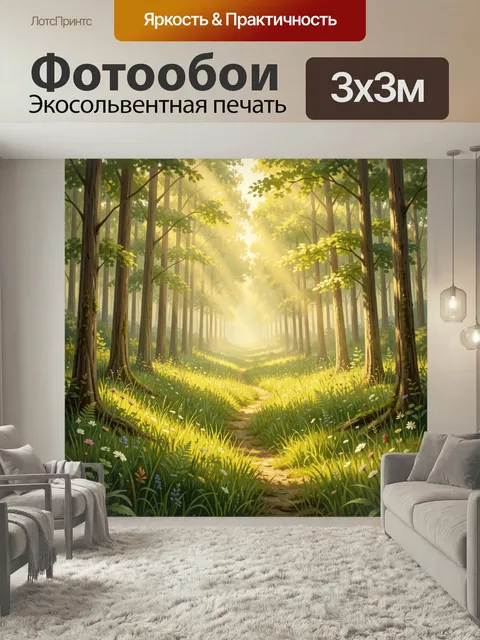 Фотообои Солнечная лесная тропа. Живописный сосновый бор с узкой тропинкой, высокими стволами, густой травой и полевым…