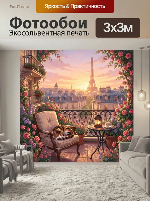 Фотообои Парижский балкон с котом. Уютная вечерняя терраса с видом на Эйфелеву башню, розовые цветы, мягкий закат, чай…