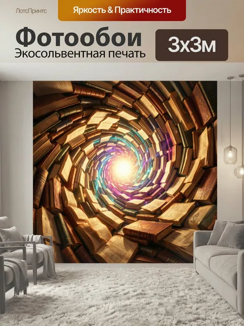 Фотообои Вихрь книг и света. Фантазийная спираль из старинных томов и раскрытых страниц, уходящая в сияющий центр. Тёп…