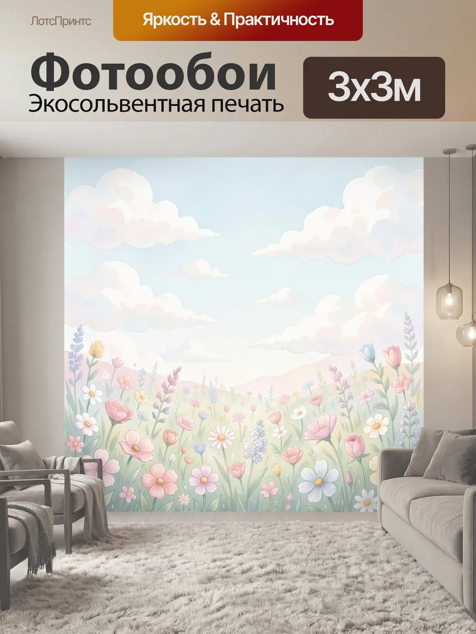 Фотообои Цветочное поле под облаками. Нежные полевые цветы в пастельных тонах на фоне голубого неба с мягкими …
