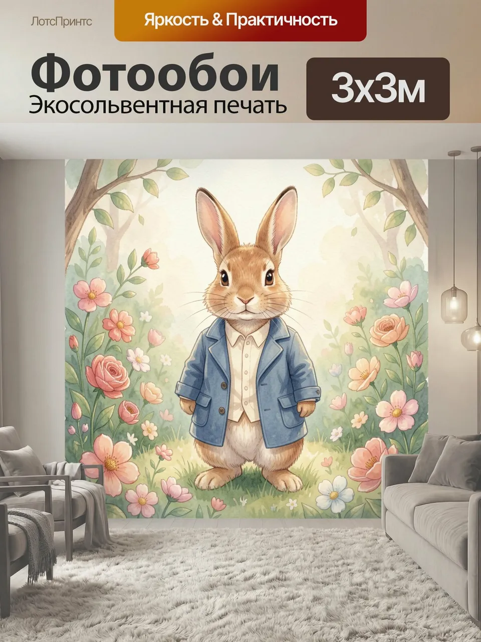Фотообои Заяц в синем пиджаке. Милый кролик в стильной одежде стоит среди цветущего весеннего сада. Нежная акв…