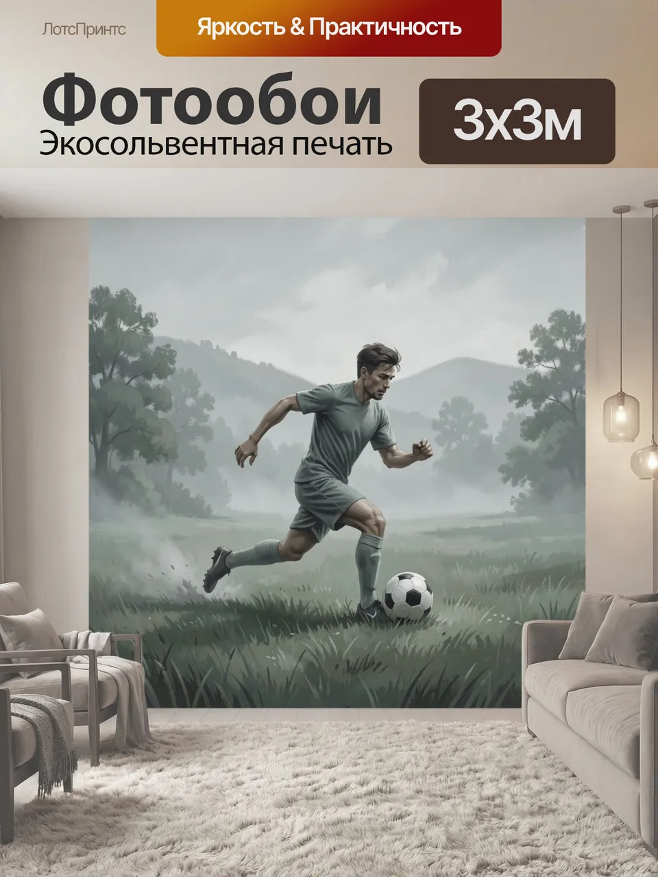 Фотообои Футболист с мячом в туманных горах. Спортсмен в форме бежит по травяному полю, ведя футбольный мяч. А…