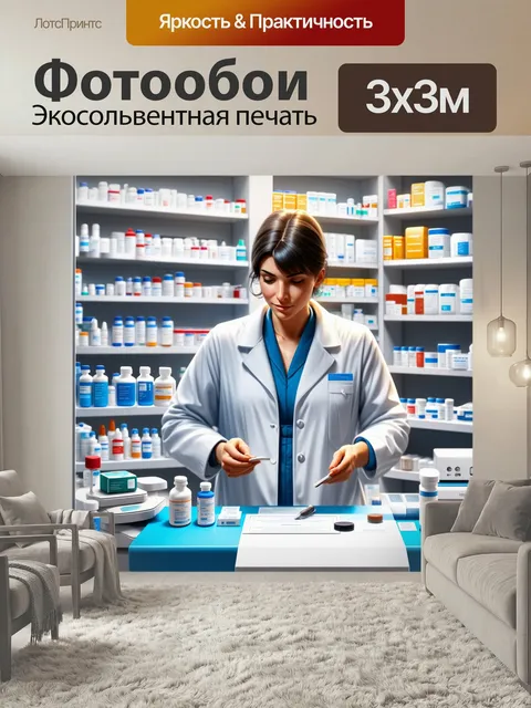 Фотообои Фармацевт заполняет рецепты в аптеке, окруженный лекарствами и медицинским оборудованием