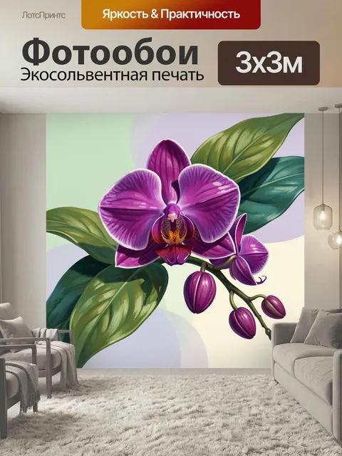 Фотообои Фиолетовая орхидея с листьями. Изящная тропическая композиция с крупным цветком, бутонами и широкими зелёными…