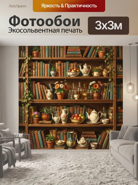 Фотообои Уютная библиотека с цветами и фарфором. Тёплый интерьер с высокими полками, старинными томами, комнатными рас…