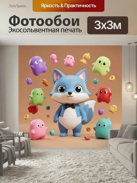Фотообои Милый лисёнок с игрушечными персонажами. Объёмный мультяшный зверёк в синем костюме с чёрной бабочкой, вокруг…