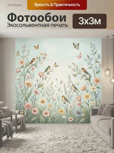 Фотообои Птицы среди полевых цветов