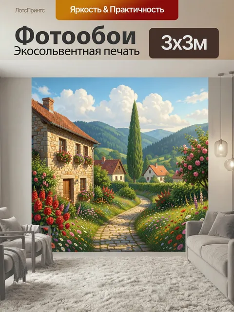 Фотообои Цветущий деревенский пейзаж в горах
