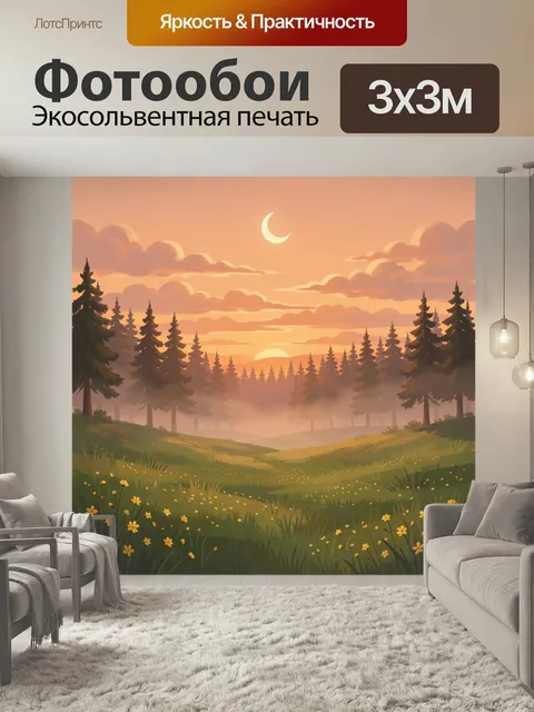 Фотообои Лесная поляна на закате. Уютный пейзаж в тёплых оранжево-золотых тонах: хвойный лес, мягкий туман в долине, т…