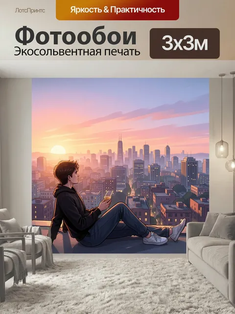 Фотообои Юноша на крыше с видом на город. Аниме-иллюстрация: молодой человек на высотке с напитком любуется панорамой …