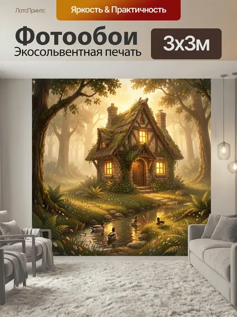 Фотообои Сказочный домик в лесу. Уютное лесное жилище в лучах мягкого рассвета, заросшее мхом и плющом. Тёплое свечени…