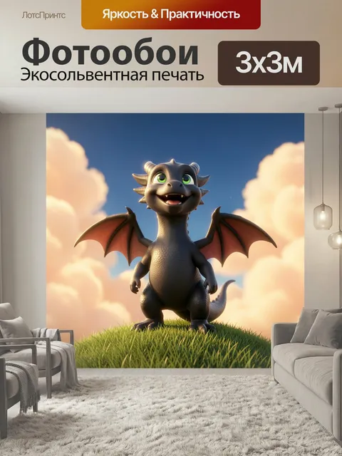 Фотообои Милый дракон на холме. Очаровательный 3D-дракон с зелеными глазами и расправленными крыльями стоит на травяно…