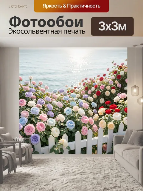 Фотообои Пышный цветущий сад с множеством роз в пастельных оттенках — розовые, сиреневые, белые, голубые, красные и кр…