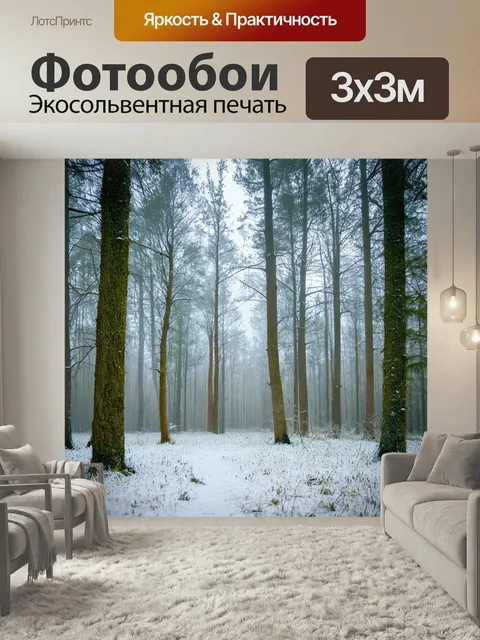 Фотообои Условия зимнего утра в лесу, где ранний снег медленно падает на землю, создавая ощущение спокойствия и романт…