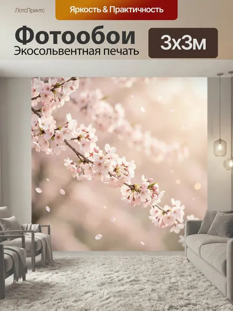 Фотообои Цветущая сакура в нежном свете. Нежные весенние ветви с розово-белыми лепестками, мягкий размытый фон, парящи…