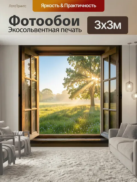 Фотообои Солнечное утро у окна. Вид на залитый светом луг с высоким деревом, мягким туманом и лучами солнца. Теплая пр…